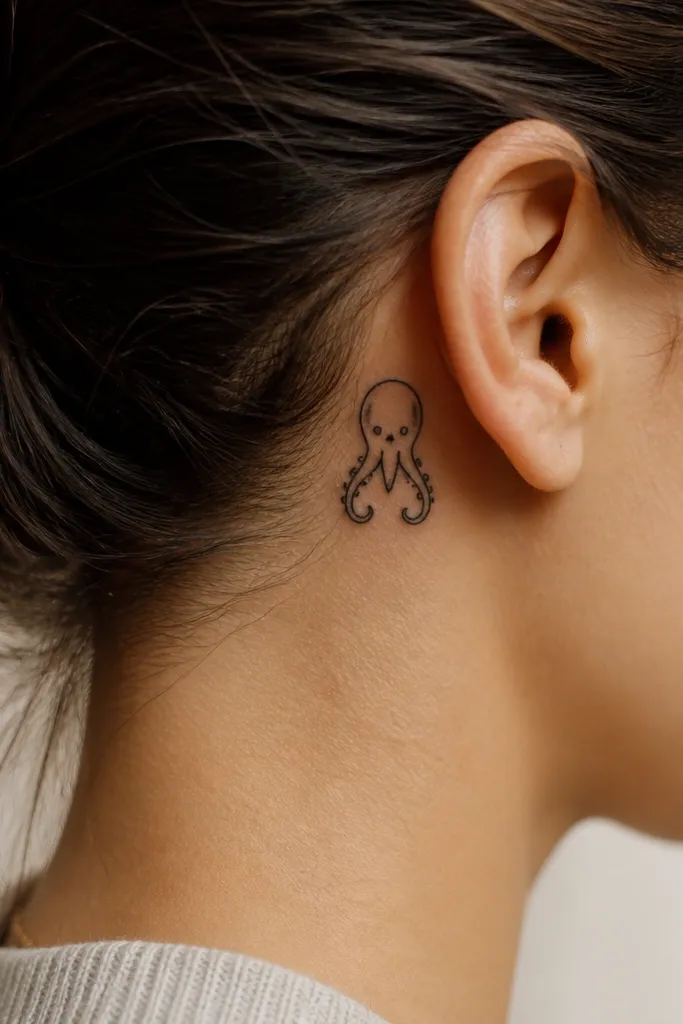 A small octopus head behind the ear with a compact outline. Two tentacle tips curl downward like parentheses. The eyes are simple dots, and the suction cups are minimal circles.