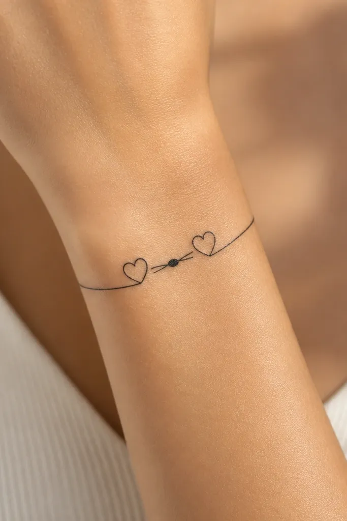 Two small mirrored heart outlines connected by a thin line that loops into a tiny knot at the center; the knot is a small black oval with two short lines extending out.
