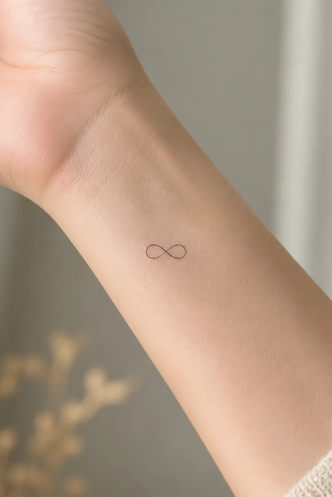 A very small infinity loop drawn in fine black line, with the exact center showing a slight gap like a break in the line; the loops are balanced and open.