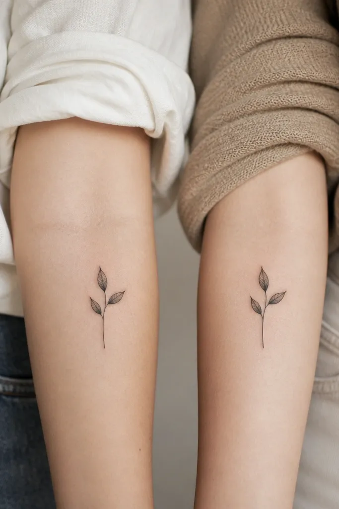 A small black sprig with two leaves and a thin stem, placed vertically; the second person's sprig matches but one leaf is rotated a few degrees, shown clearly in the stencil.