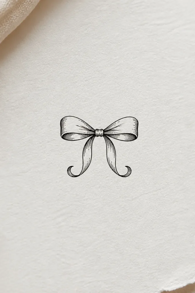 A small ribbon bow drawn in fine black ink with two loops and a knot center; two curled tails extend downward with tight, clean arcs.
