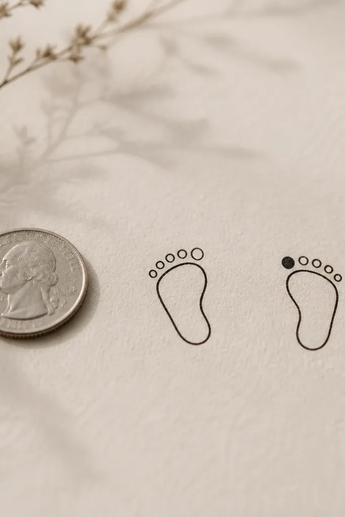 Two minimal footprint outlines in black ink, each about the size of a quarter; the second footprint has a single extra dot on the toe area while the rest is the same shape.