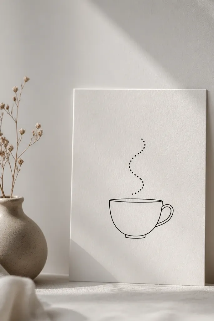 A minimal teacup outline in black ink with a small handle; the steam above it is drawn as a single curved line made of dots rather than a solid stroke.