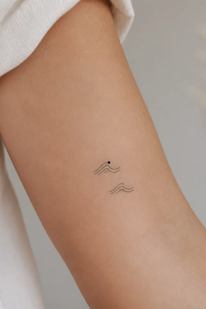 Two tiny wave symbols in fine black ink, each with three wave lines; one wave crest has a crest point that is a solid dot instead of a line peak.