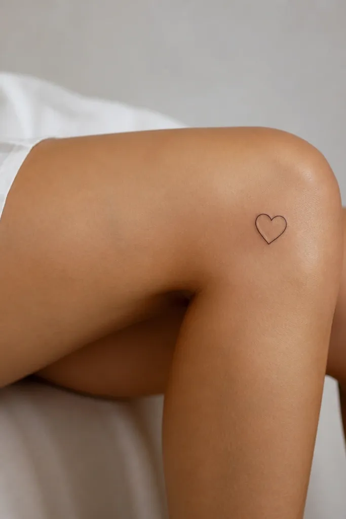 A small thin-line heart outline in solid black on the outer knee, about the size of a large coin.