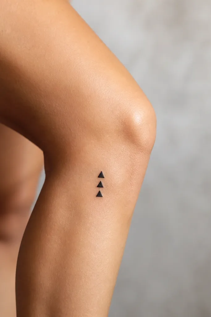 Three small black triangles stacked in a vertical column on the lower outer knee, each triangle with crisp straight edges.