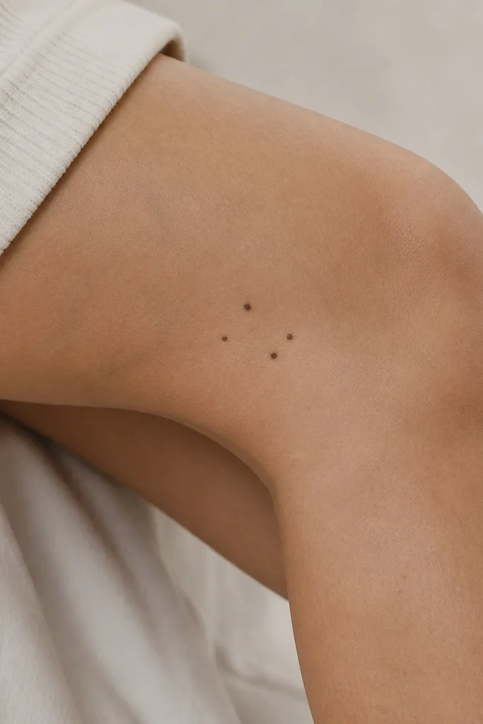 A small constellation-style cluster of five to six black dots on the inner knee, connected only by faint negative space (no lines).