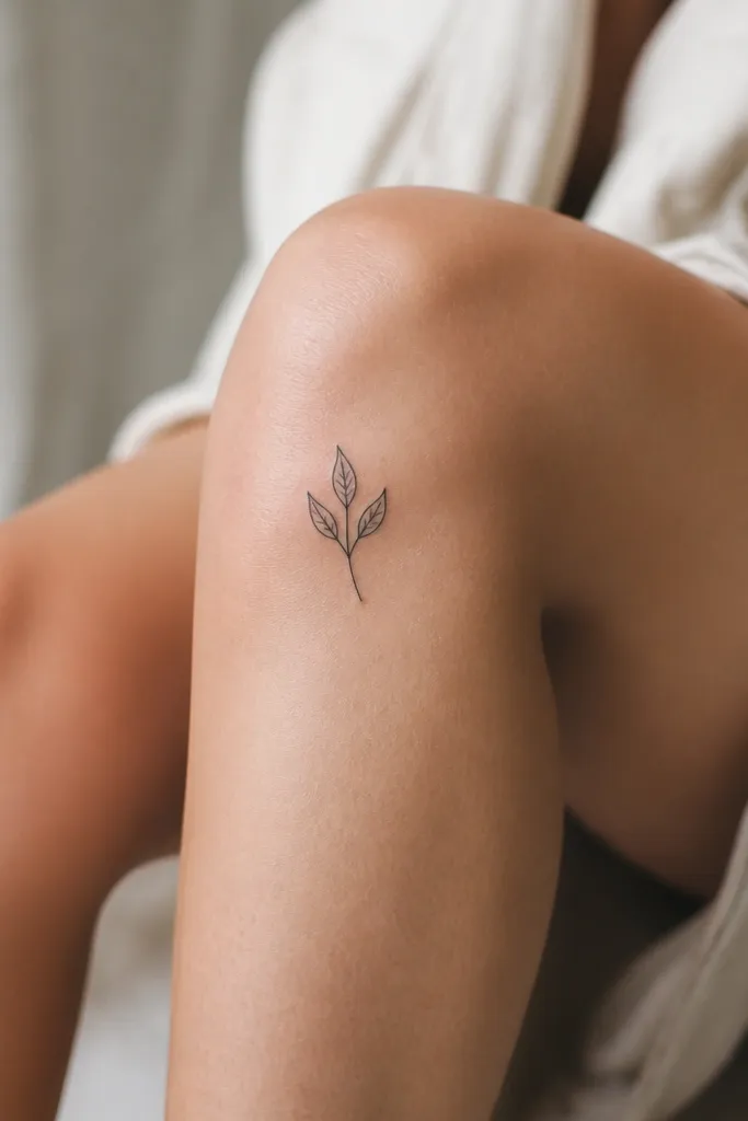 A small sprig of three leaves in black outline with a single stem, placed on the outer front knee.