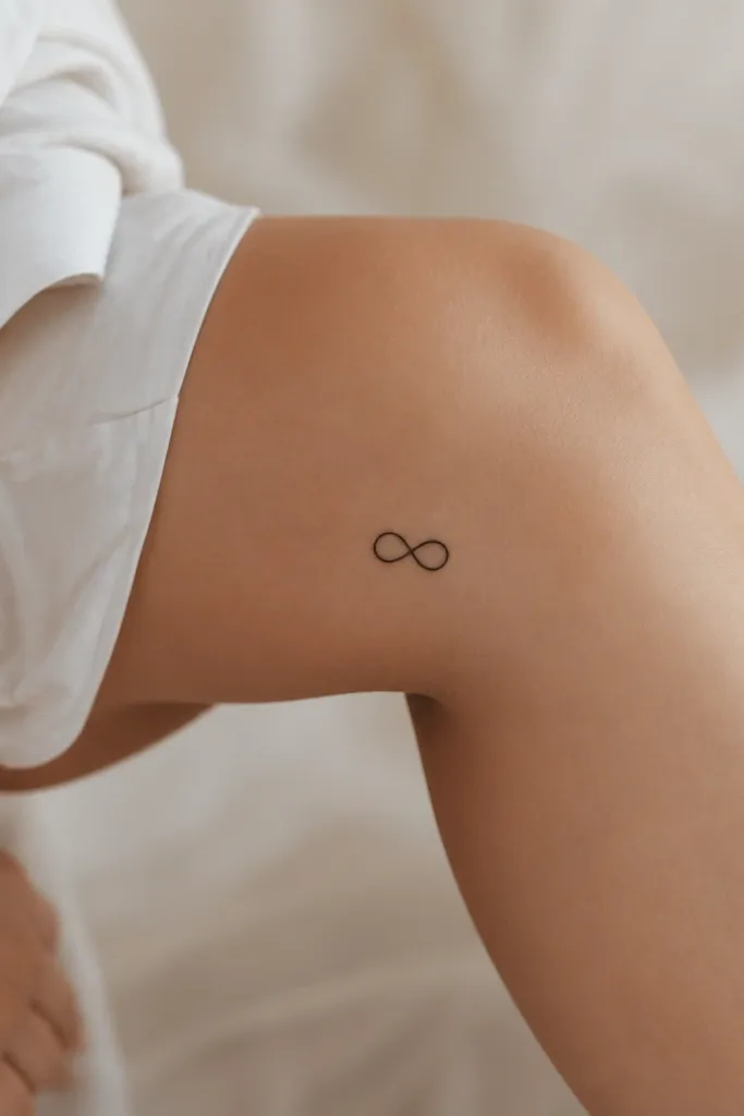 A compact black infinity symbol on the inner knee with equal loops and smooth curves.