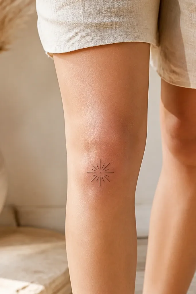 A small black sunburst made from short straight lines around a tiny filled circle on the lower outer knee.