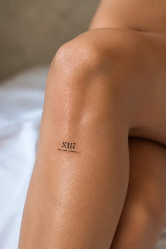Minimal black Roman numerals in a small clean font on the outer knee with one thin underline line that extends slightly past the numerals.