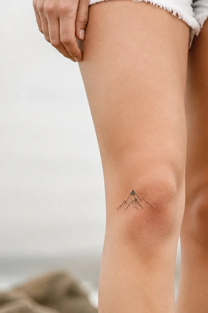 A small black mountain outline on the outer knee with a simple triangular snow cap shape at the top.
