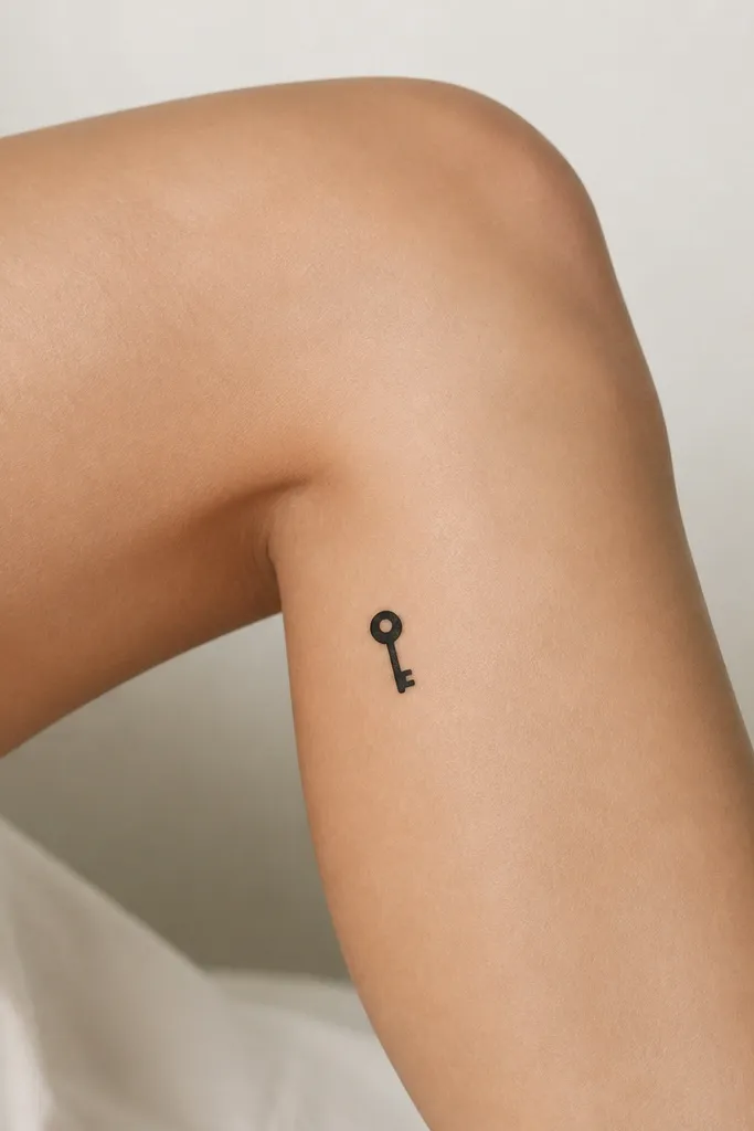 A small minimalist key icon in solid black on the inner knee, with a round head and two rounded teeth.