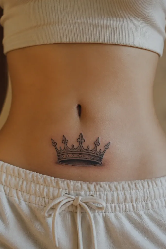A minimal crown centered on the lower stomach with two clean outline lines and a dark gray shadow block at the base.