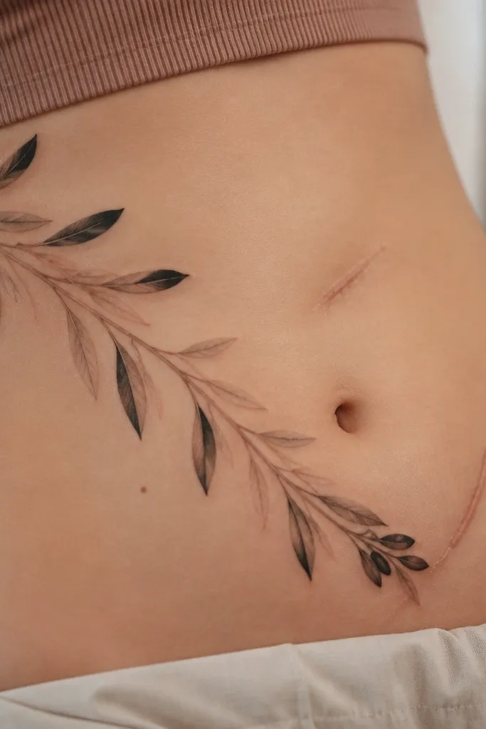 A diagonal olive branch across the stomach with thick black leaf tips, small gray veining, and a dark leaf cluster near one scar edge.