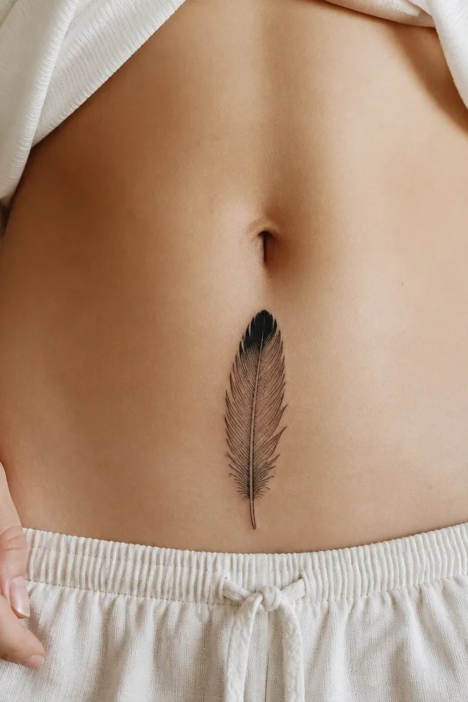 A single feather on the lower stomach, outlined in black with fine gray dotwork along the shaft, and a thicker black tip that covers the scar center.