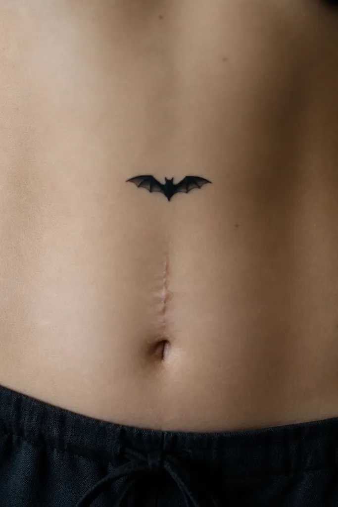 A small bat silhouette with crisp black wings and a subtle gray underwing shadow, sitting above a scar on the stomach.