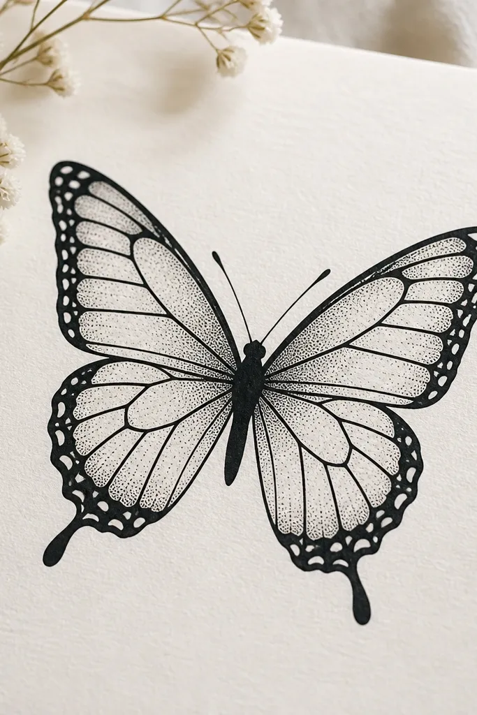 A butterfly with clean black outlines, solid black body, and soft gray dot shading in the wing sections.