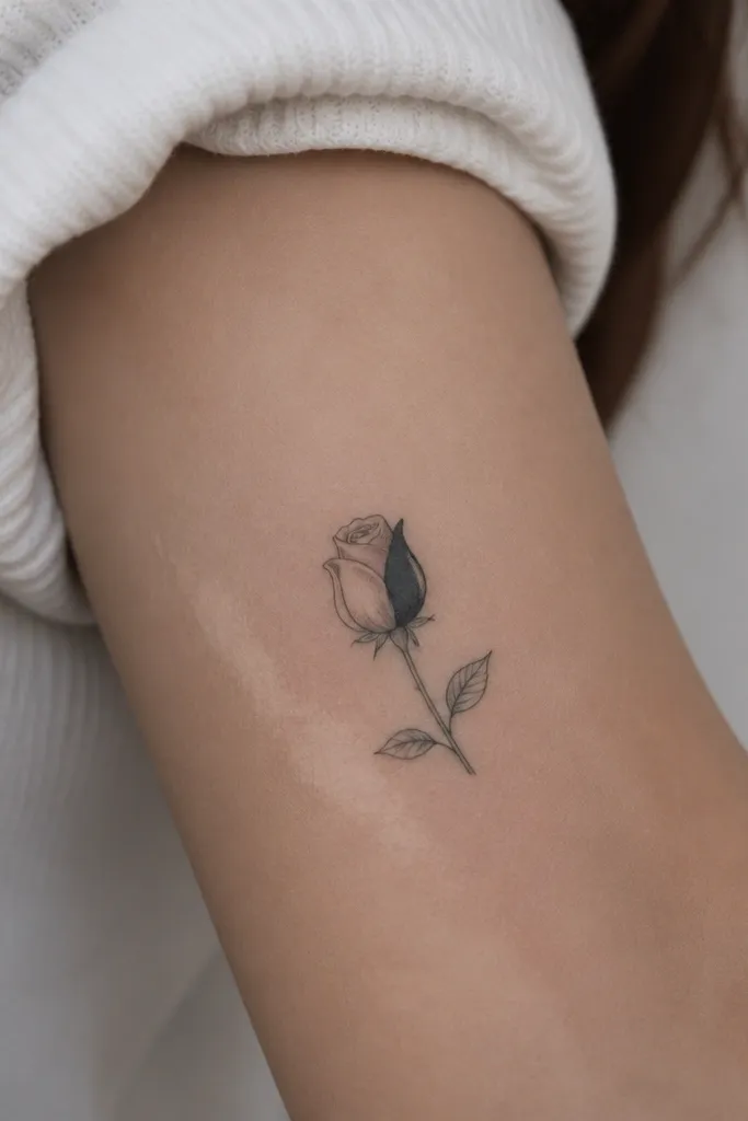 A small rosebud with black outline and gray shading, where one petal is filled in darker black to cover a scar patch.