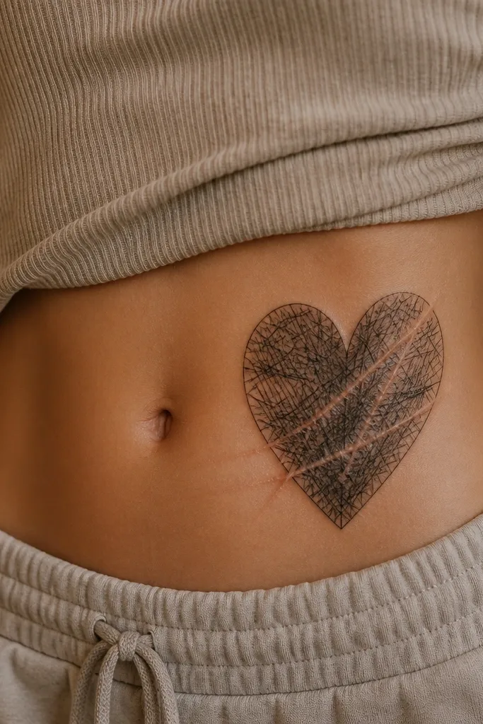A small heart with black outline and gray crosshatch fill, plus thicker crosshatch lines running across the scar area.