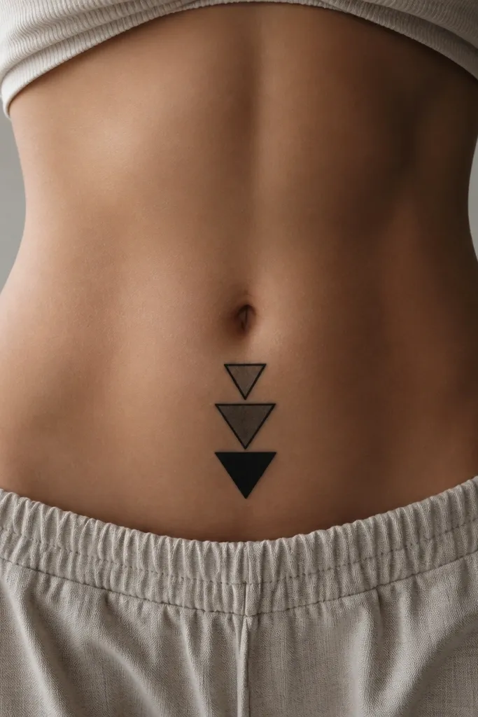 Three stacked triangles on the lower stomach, outlined in black, with the bottom triangle filled solid black and the top triangles shaded in gray.