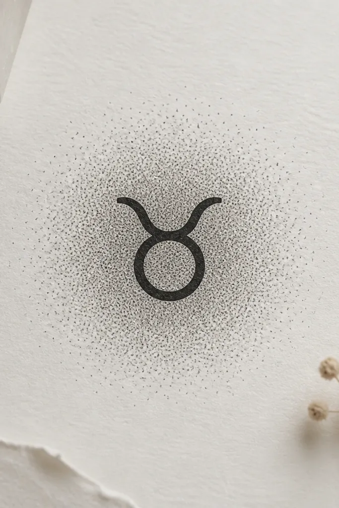 A zodiac-like symbol in black with no surrounding script, surrounded by a halo of dense gray dots fading outward.