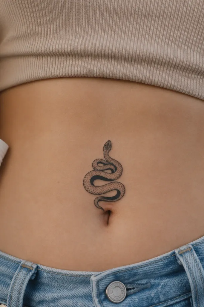 A small coiled serpent on the stomach, with black outline and a solid black underbelly stripe, plus gray scale dots.