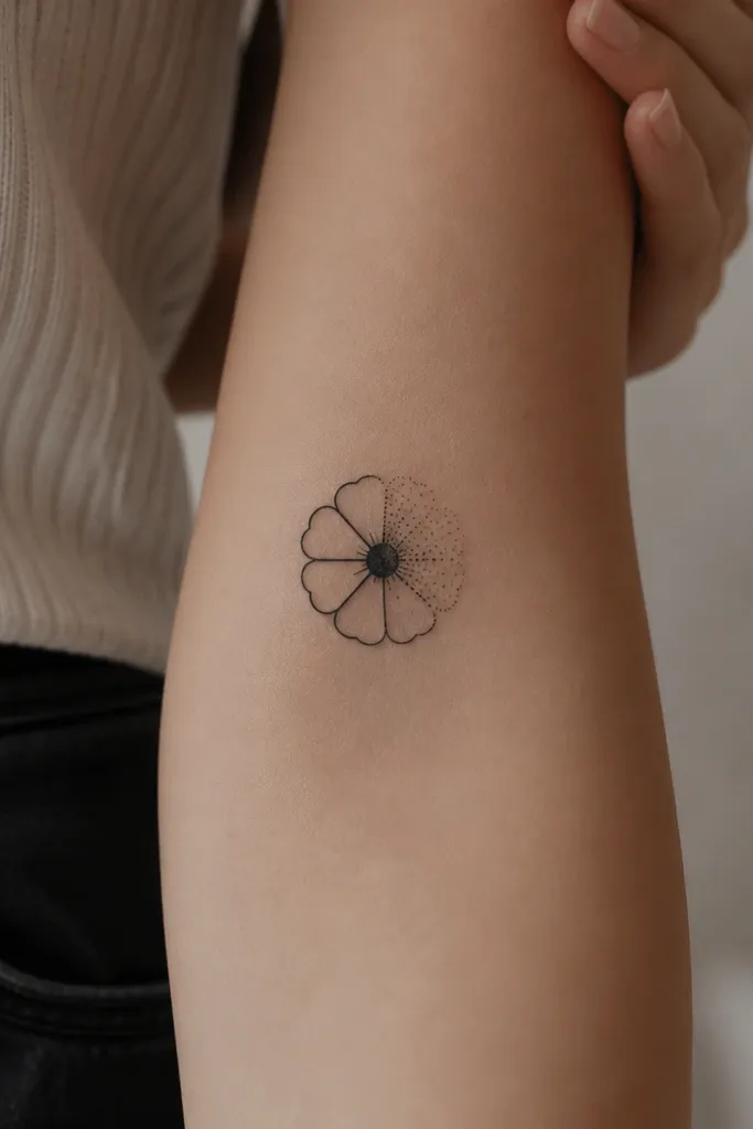 A small flower bloom with a thick black center, petals outlined in black, and one side of the petals fading into gray dotwork.