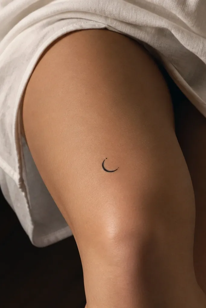 A small black crescent moon tattoo centered just above the kneecap, with a tiny dot at one tip like a star.