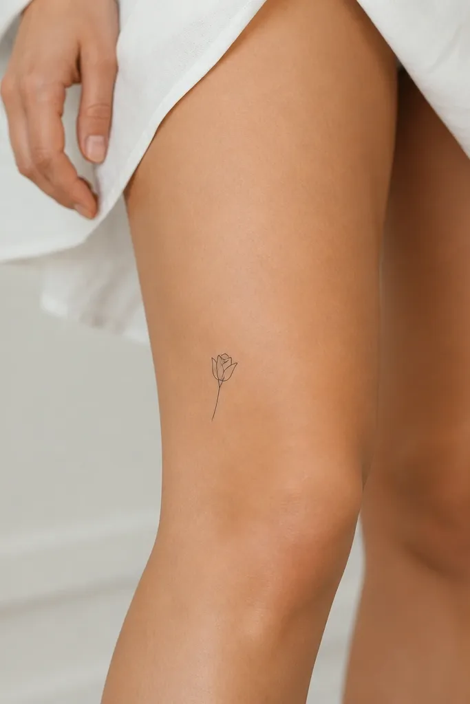A small linework rosebud with three tightly closed petals, no shading, placed on the inner side just above the knee.
