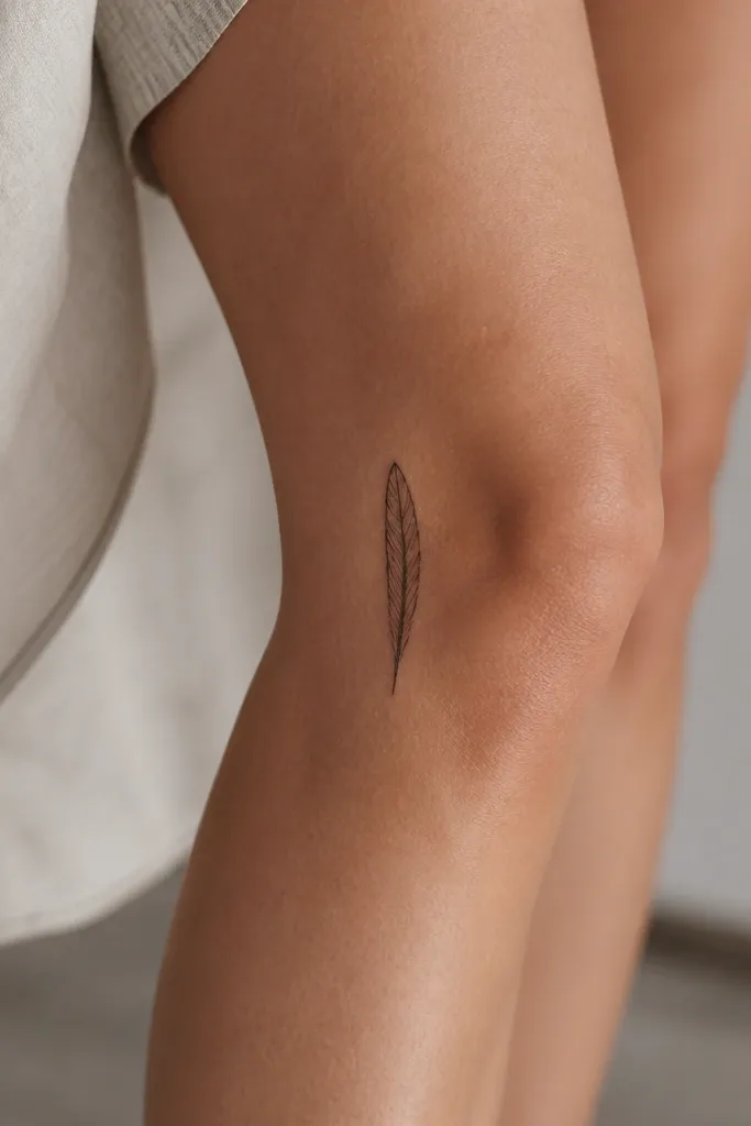 A small feather tip linework tattoo with a tapered end, placed vertically on the side of the knee, with a few short inner lines.