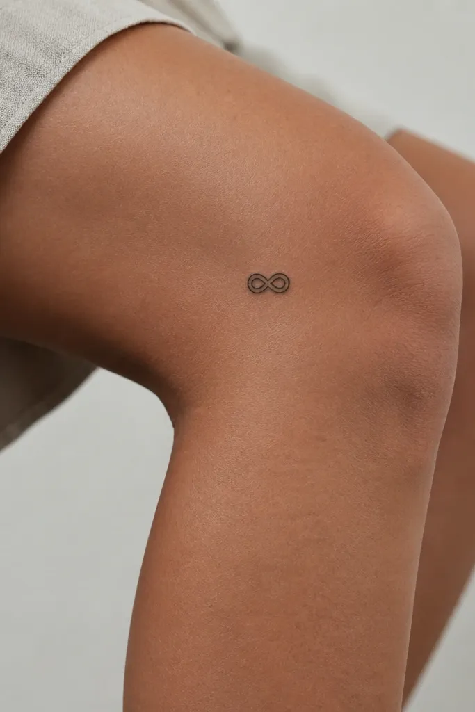A tiny infinity symbol made from three parallel black lines forming a loop, positioned above the knee cap crease on the outer side.