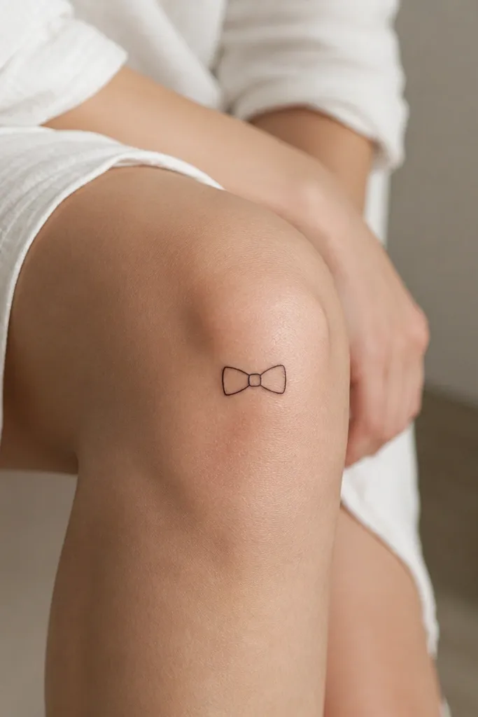 A small bow tie outlined in black with two simple loops and a tiny center knot, placed on the front outer knee.