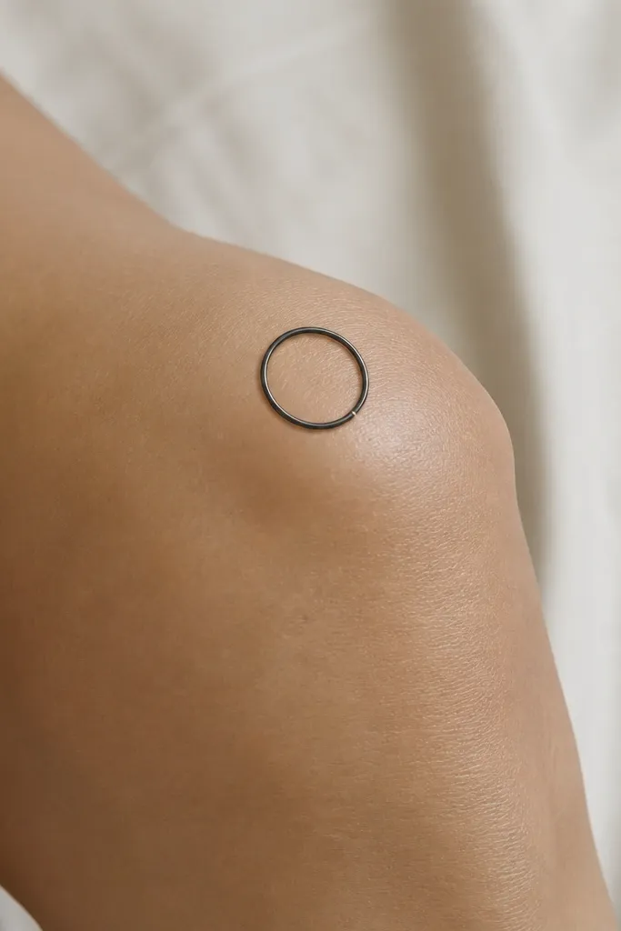 A minimal black ring tilted slightly, with one small short line break on one side, placed on the top outer knee.