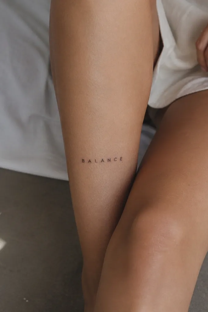 A small single-word tattoo in simple blocky letters, placed on the inner knee above the crease, with generous spacing between letters.