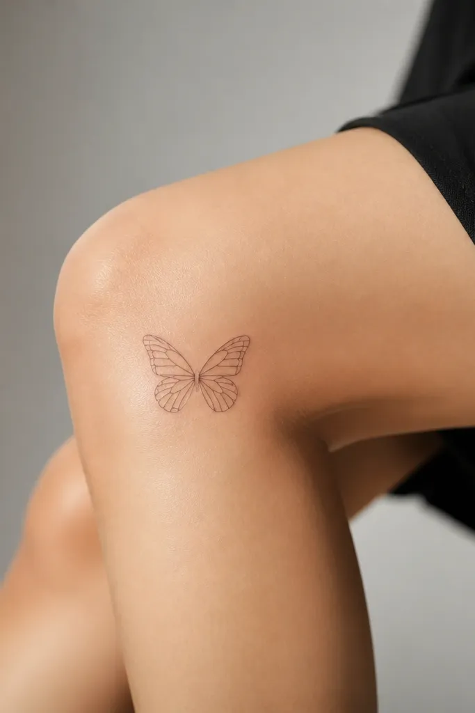 A tiny butterfly wing outline with two symmetrical wings, no body, placed on the side of the knee.