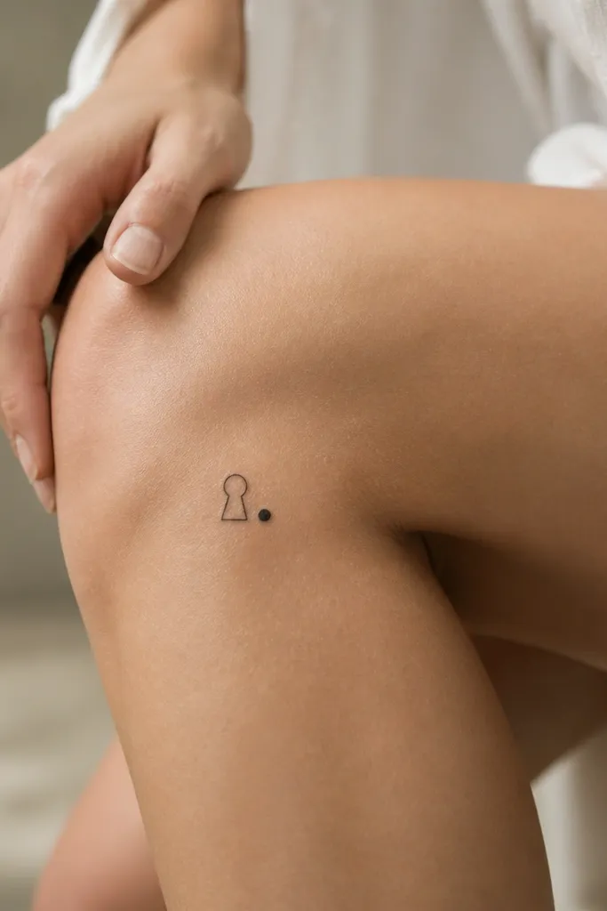 A small black keyhole outline with a single solid dot to the right, placed on the outer front knee.