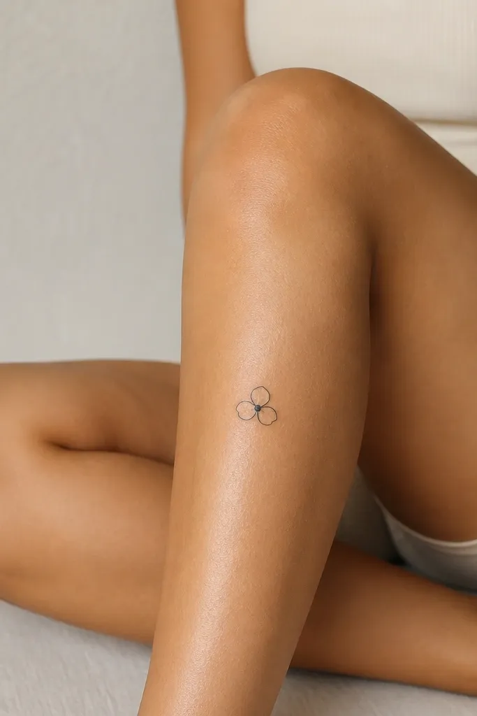 A small flower with three rounded petals in black linework, with a single filled center dot, placed on the lower front knee.