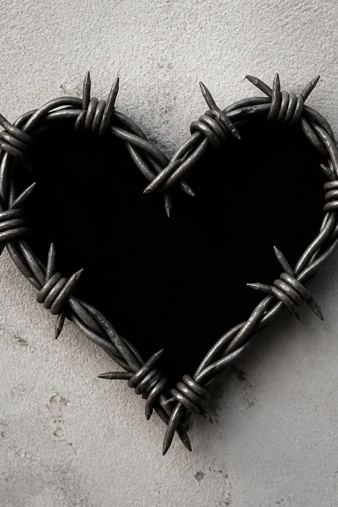 A heart shape made from thick barbed wire loops, with a heavy black fill in the middle. The barbs are drawn as short, sharp spikes, and the heart has a few gray shading bands that curve with the wire.