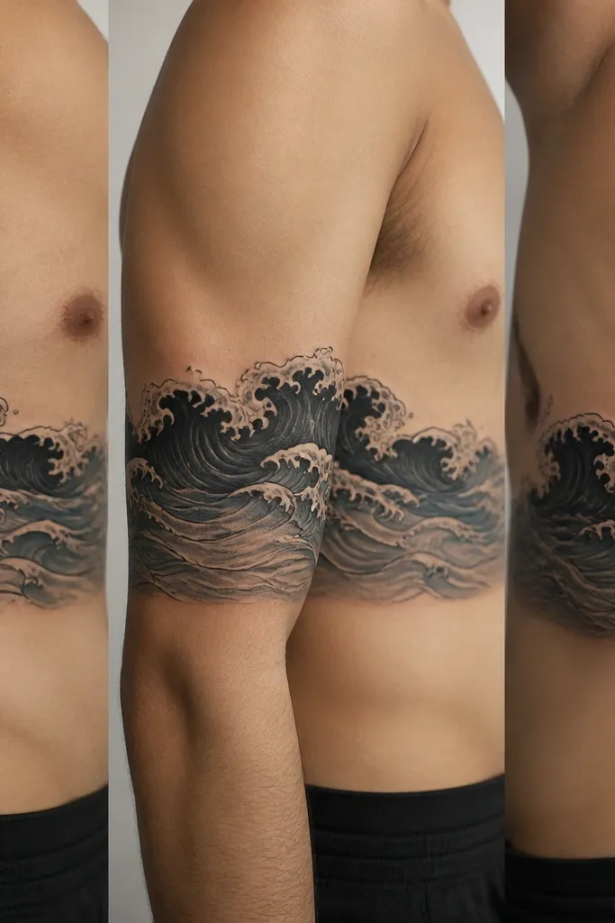 A horizontal wave panel that wraps around the body, with a dark crest band across the middle. The waves below are shaded in gray-blue tones, and white highlight foam curves across the top edges.