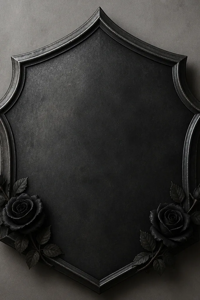 A large armor plate shape with beveled shading, dark metal outlines, and a couple of small black roses tucked into the lower corners. The metal has gray highlights along edges and a central dark panel.