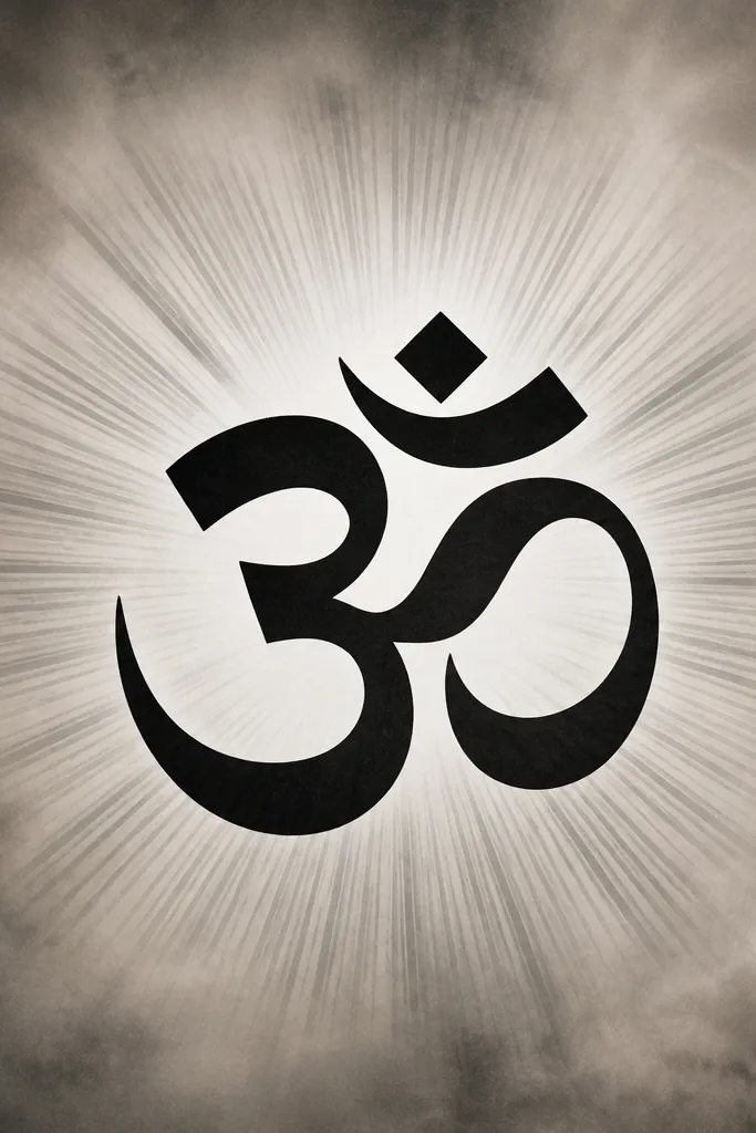 A large black Om symbol centered, with a sunburst of gray lines radiating outward like a halo. The background has soft smoked shading, and the rays fade at the edges.