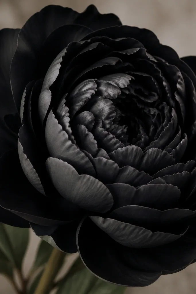 A peony with thick black outer petals and layered gray shadows inside. The petals overlap heavily, and the center has a dense black swirl with subtle highlight strokes.