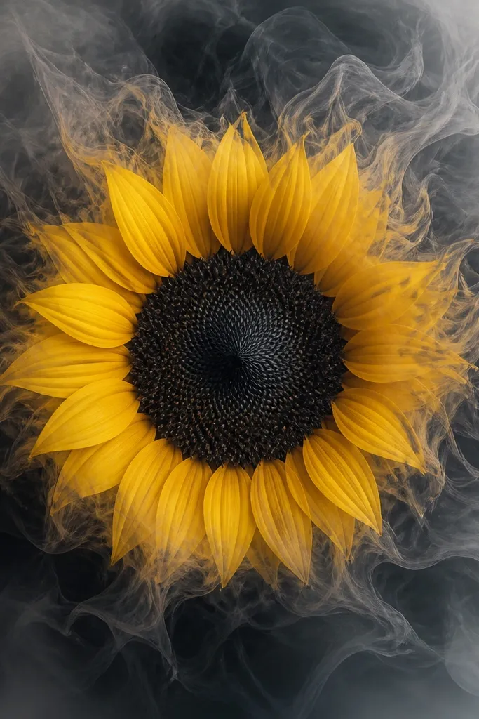 A sunflower head with a bold black center, surrounded by bright yellow petals that fade into gray smoke. The background behind the petals is dark and transitions to lighter gray at the edges.