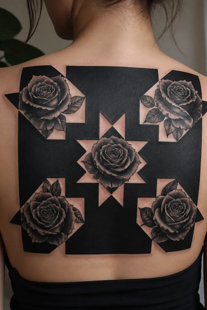 A large blackwork base with several rose patches cut into it. The roses are black and gray with tiny highlight strokes, and the blackwork forms bold shapes around them like quilt blocks.
