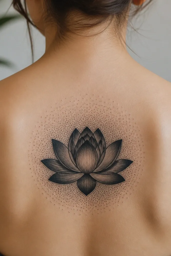 A lotus flower with thick black petals and soft gray shading, surrounded by a circular dotwork halo. The dots get denser near the lotus and fade outward.