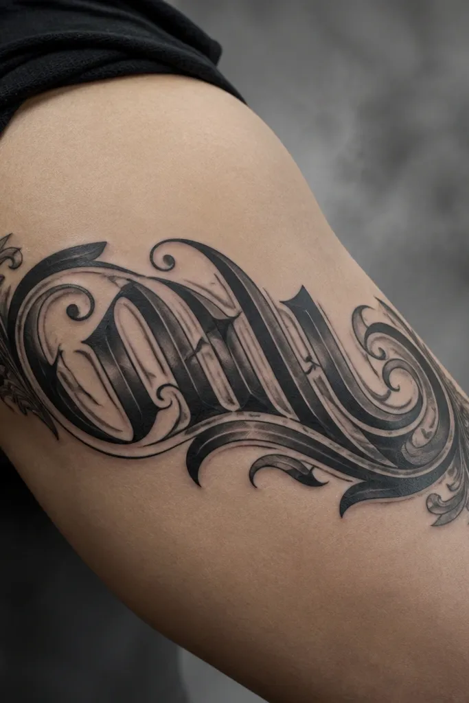 A large banner across the upper arm or thigh with stylized calligraphy strokes, thick black letters, and gray shading within the strokes. Decorative flourishes sit at the ends, and the background is smoked gray.