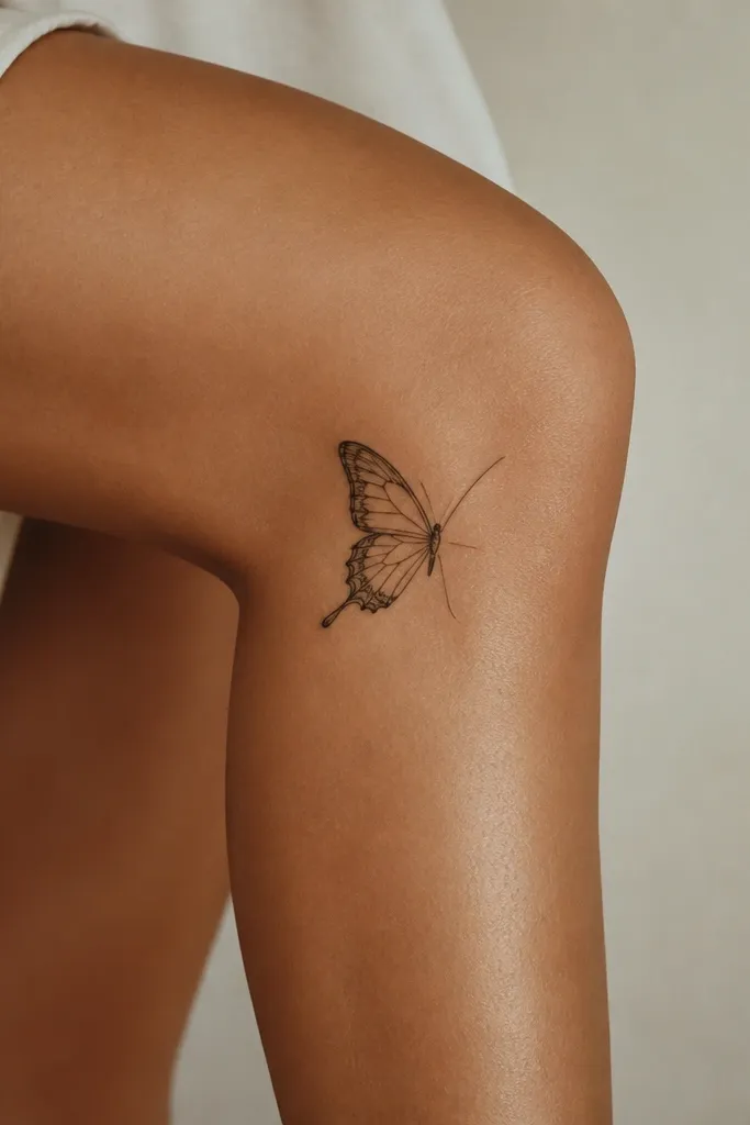 A butterfly drawn so only one wing is fully visible, the other wing hinted with a couple of thin lines; delicate black ink with a curved placement along the outer knee.