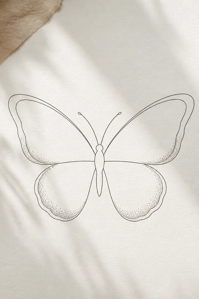 A minimalist butterfly outline with a thin inner border line around each wing, plus a subtle stipple/dot gradient only along the lower outer edge of the wings.