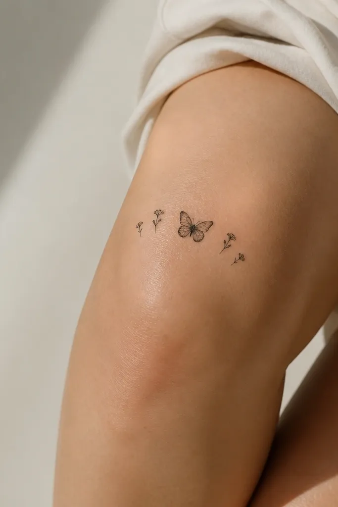 A small butterfly centered above the knee with three tiny black micro flowers (or buds) arranged in an arc on either side; clean negative space.